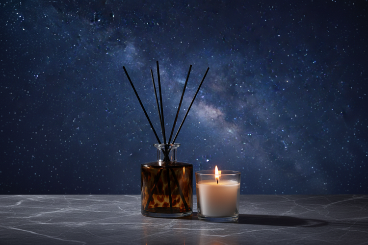 Elegant tortoiseshell glass reed diffuser and a warm-glowing candle on a dark marble surface, set against a deep cosmic sky with stars and nebula tones, blending home fragrance with the wonder of the cosmos.