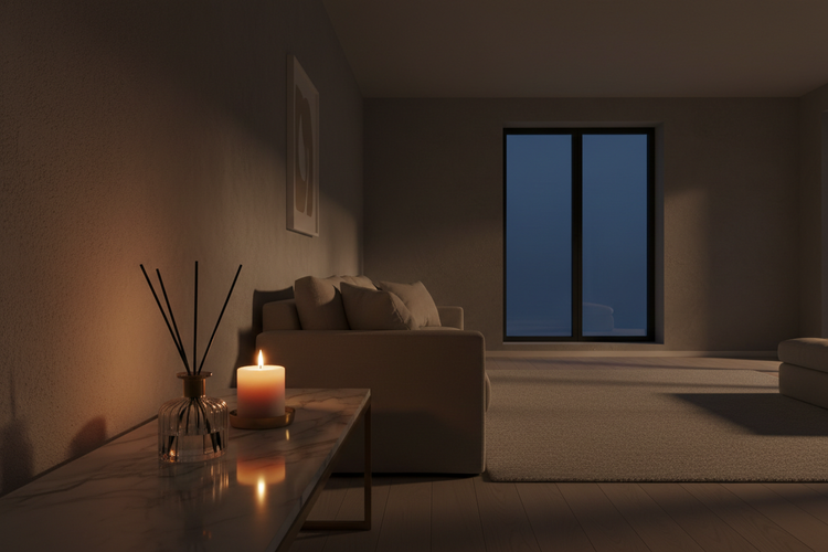 Minimal interior with a space-inspired diffuser, evoking calm and transformation through wellness