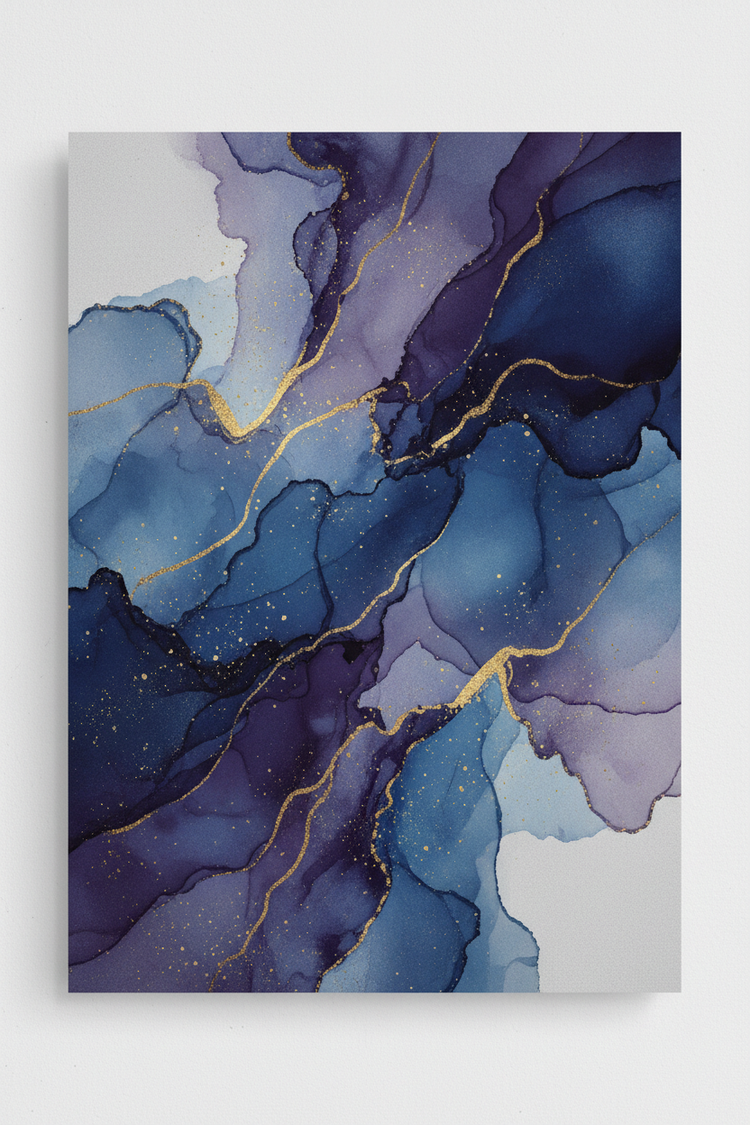 Abstract galaxy printable wall art — deep indigo, violet and gold nebula